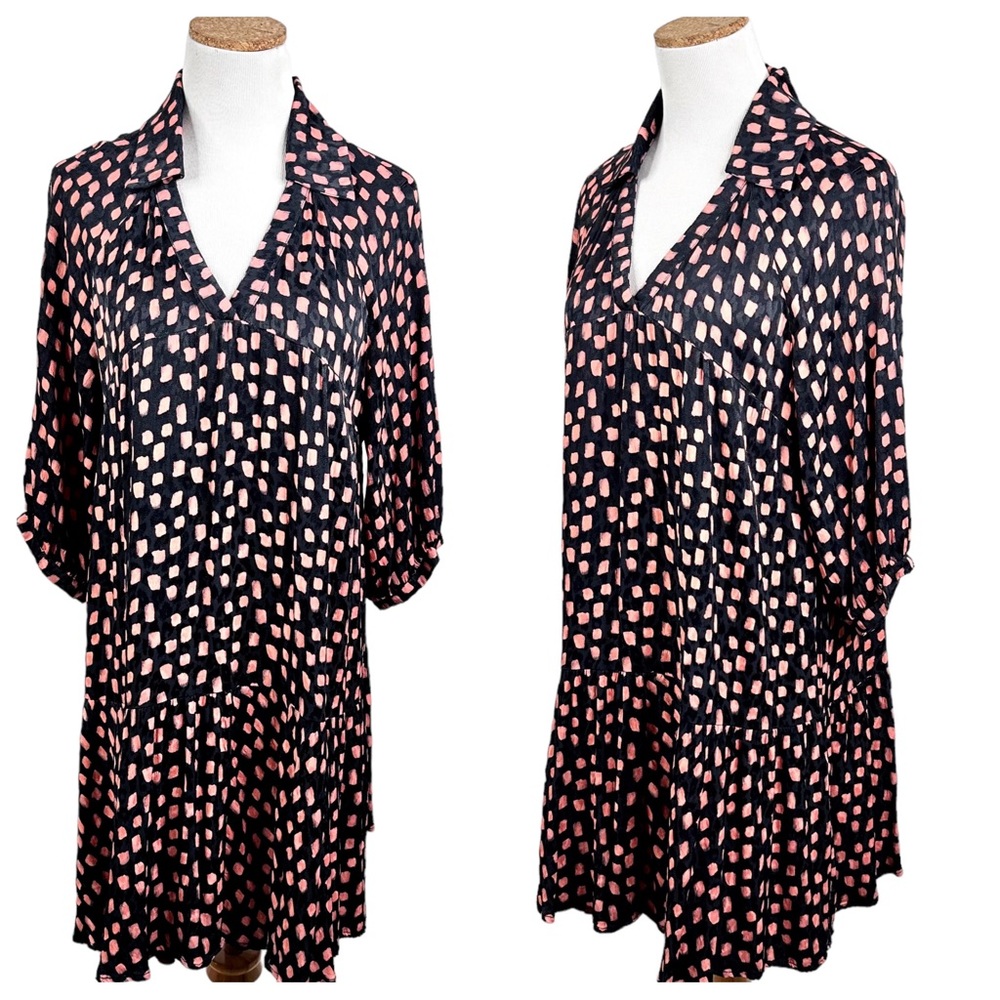 Fresha London Abbott 3/4 Puff Sleeve Tiered Minidress Dress Navy Blue Pink Large